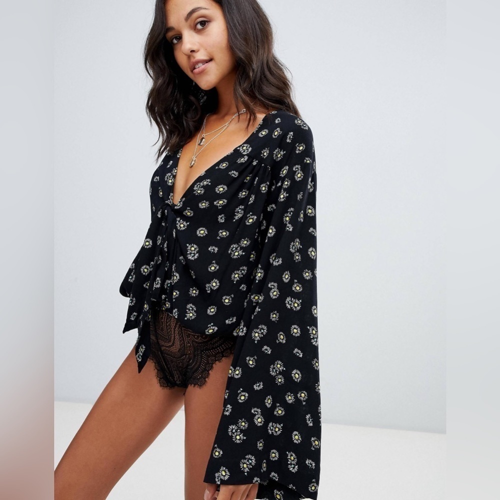 Free People Forties Feels Printed Flared Sleeve Bodysuit